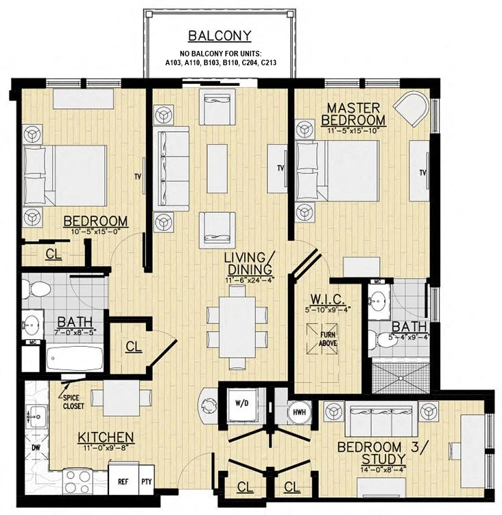 Floor plan for 3 beds, 2 baths, 1235 sqft